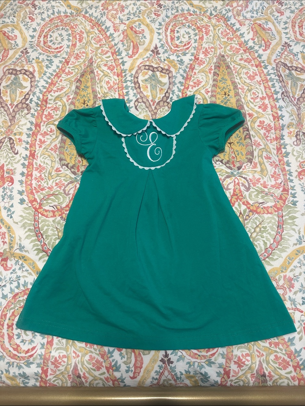 E Monogram Dress - Girls' Green Peter Pan Collar Dress with White Trim